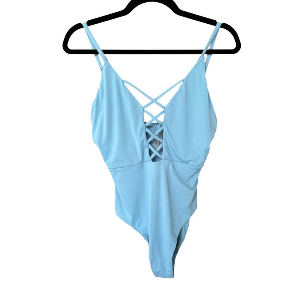 Lulus Women's Myrtle Beach Light Blue Lace-Up One Piece Swimsuit Size Large - Picture 5 of 7